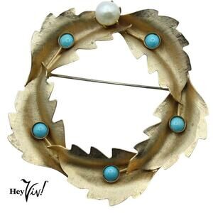 Vintage Pin Brooch Classic Wreath Leaf Design w Blue Beads Pearl 2.25" - Hey Viv